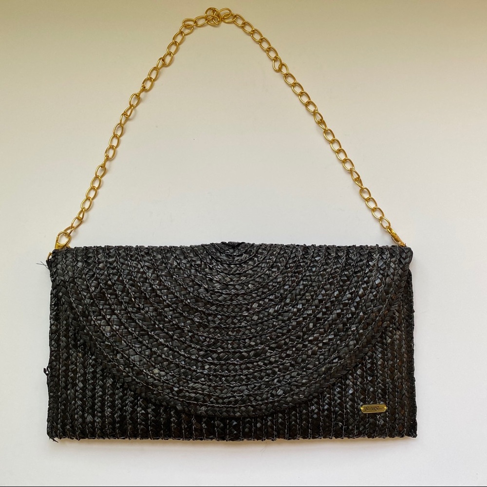 Vintage black woven purse clutch with gold chain
